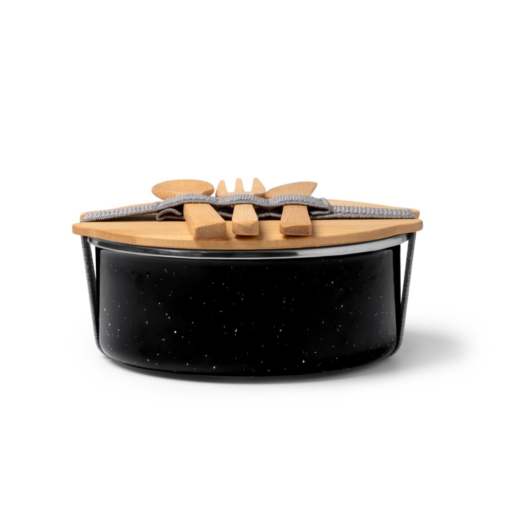 Evelin - Metalowe pudełko na lunch pokryte warstwą ceramiczną z bambusową pokrywką i elastycznym paskiem, bambusowe sztućce w zestawie.