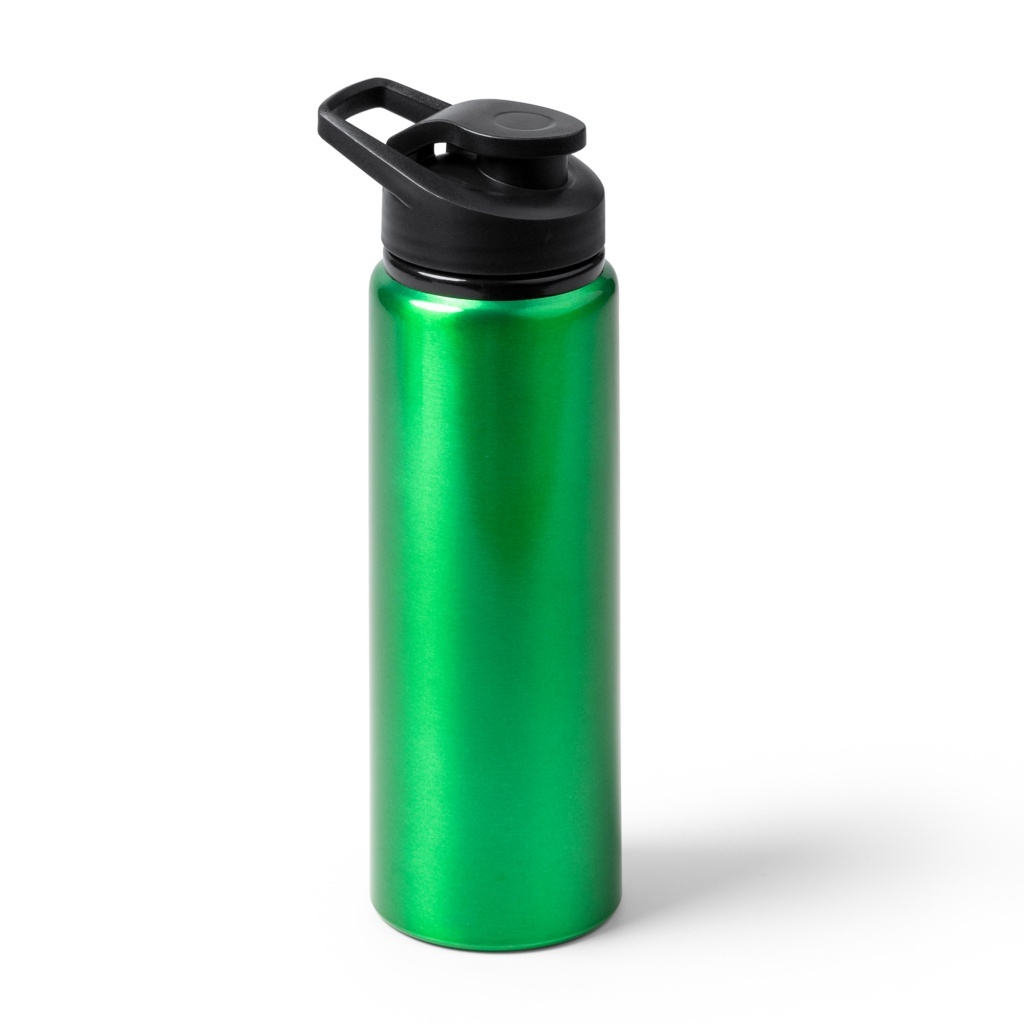 Raiden - Butelka z recyklingowanego aluminium z metalicznym wykończeniem. Wyposażona w bezpieczną zakrętkę i praktyczny uchwyt do przenoszenia.